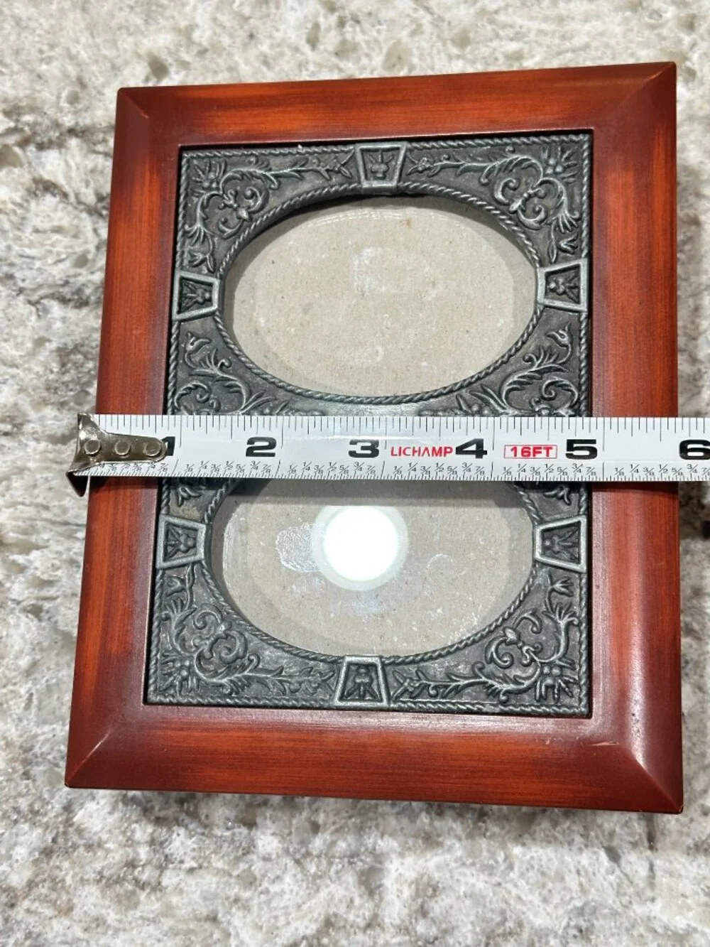 Wood Jewelry Keepsake Box with Ornate Pewter Double Oval Photo Frame Lid Vintage